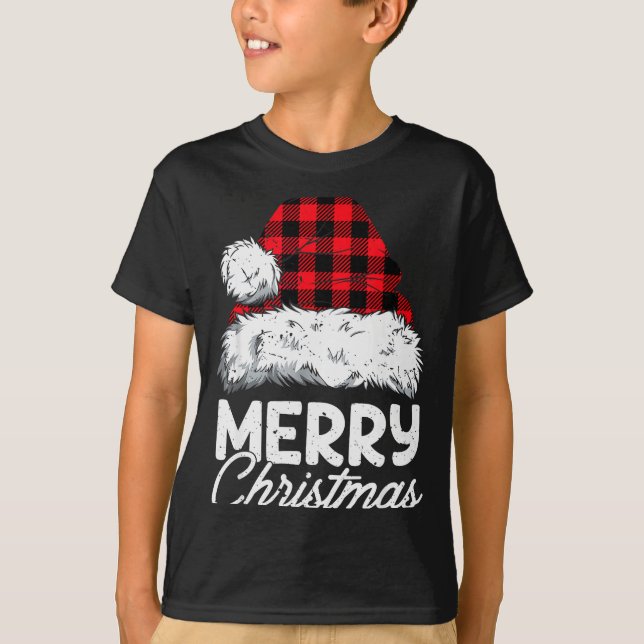Merry Christmas Buffalo Plaid Red Santa Hat Xmas P T-Shirt (Front)
