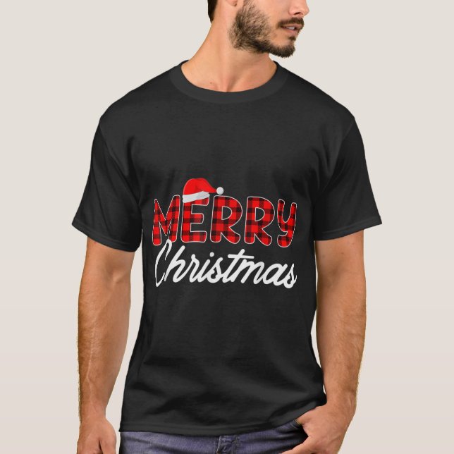 Merry Christmas Buffalo Plaid Red Santa Hat Xmas T-Shirt (Front)