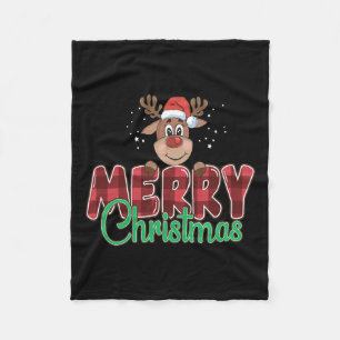 Merry Christmas Buffalo Plaid Red Santa Reindeer X Fleece Blanket