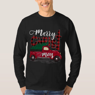 Merry Christmas Buffalo Plaid Red Truck Christian T-Shirt