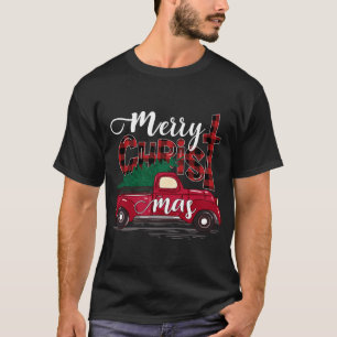 Merry Christmas Buffalo Plaid Red Truck Christian T-Shirt