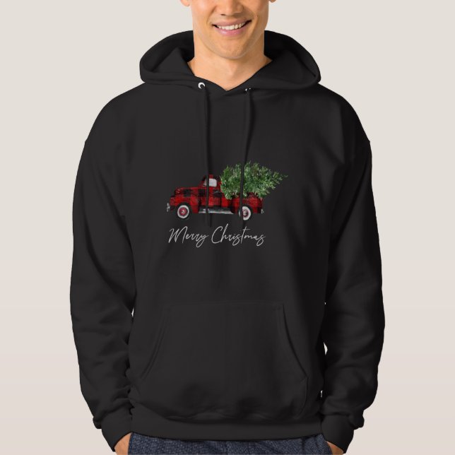 Merry Christmas Buffalo Plaid Red Truck Tree Hoodie (Front)