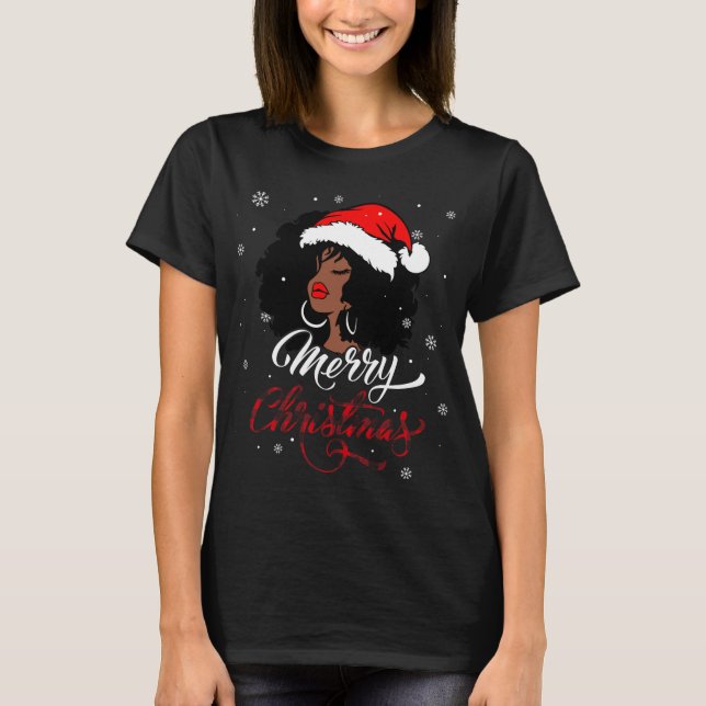 Merry Christmas Buffalo Plaid Santa Afro American  T-Shirt (Front)