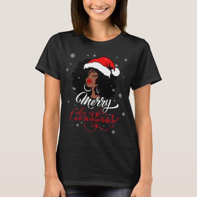 Merry Christmas Buffalo Plaid Santa Afro American  T-Shirt (Front)