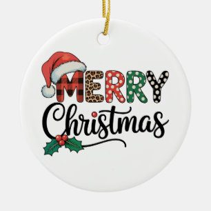 Merry Christmas Buffalo Plaid Santa Hat Love Xmas Ceramic Tree Decoration