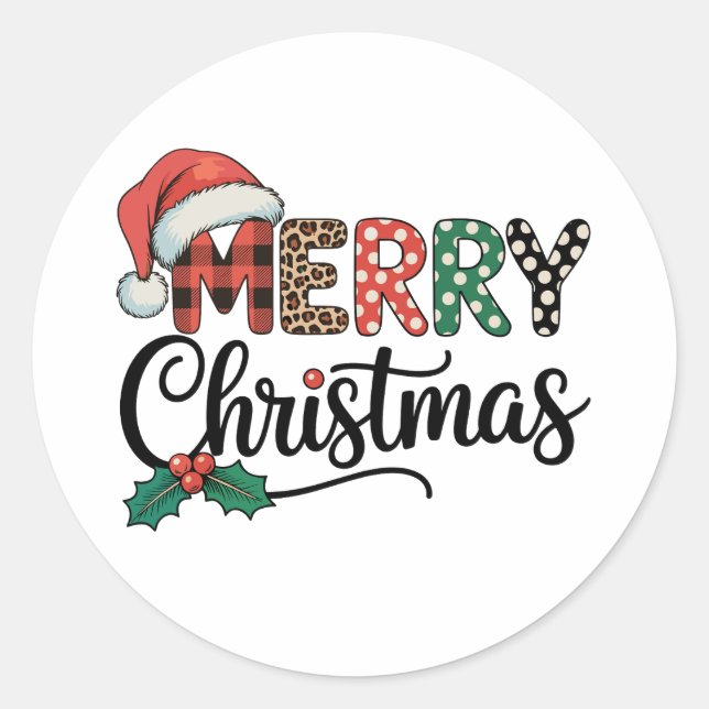 Merry Christmas Buffalo Plaid Santa Hat Love Xmas Classic Round Sticker (Front)