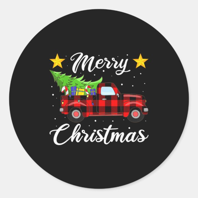 Merry Christmas Buffalo Plaid Shirt, Red Truck Tre Classic Round Sticker (Front)