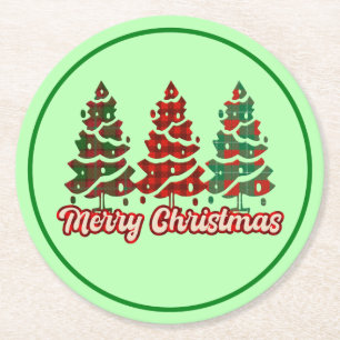 Merry Christmas Buffalo Plaid Trees Design-42019 Round Paper Coaster