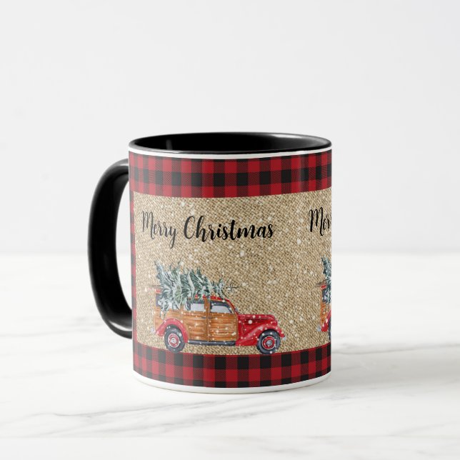 Merry Christmas Buffalo Plaid Vintage Truck Tree   Mug (Front Left)