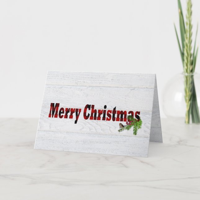 Merry Christmas buffalo plaid with bird Card (Front)