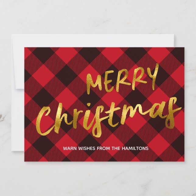Merry Christmas Buffalo Red Plaid and Gold Foil Holiday Card (Front)
