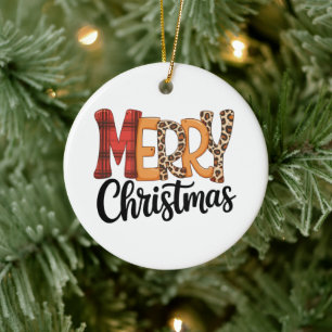 Merry Christmas Buffalo Red Plaid Cheetah Leopard Ceramic Tree Decoration
