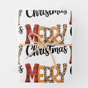 Merry Christmas Buffalo Red Plaid Cheetah Leopard Wrapping Paper Sheet
