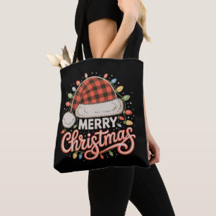Merry Christmas Buffalo Red Plaid Santa Hat Xmas Tote Bag