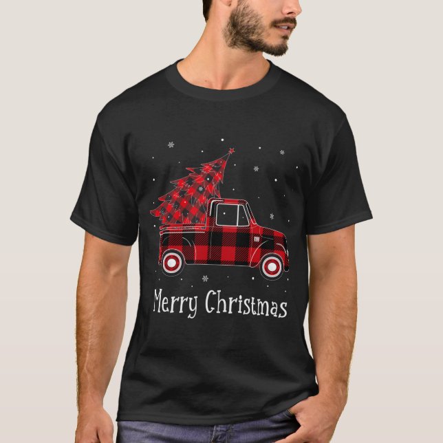 Merry Christmas Buffalo Red Plaid Truck Tree (2) T-Shirt (Front)
