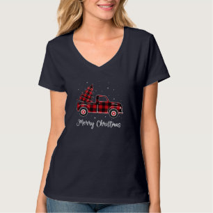 Merry Christmas Buffalo Red Plaid Truck Tree T-Shirt