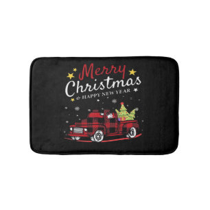 Merry Christmas Buffalo Truck Snowman Tree Red Pla Bath Mat