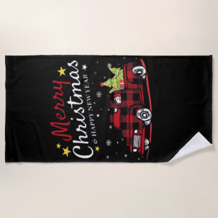 Merry Christmas Buffalo Truck Snowman Tree Red Pla Beach Towel