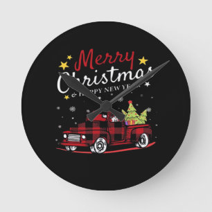 Merry Christmas Buffalo Truck Snowman Tree Red Pla Round Clock
