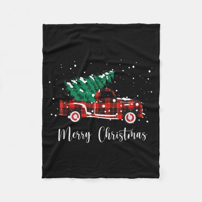 Merry Christmas Buffalo Truck Tree Red Plaid  Fleece Blanket (Front)
