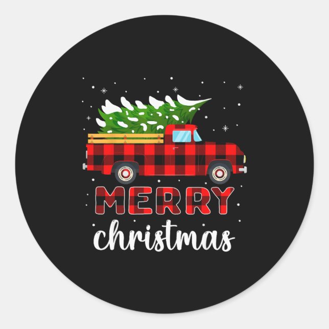 Merry Christmas Buffalo Truck Tree Red Plaid For M Classic Round Sticker (Front)