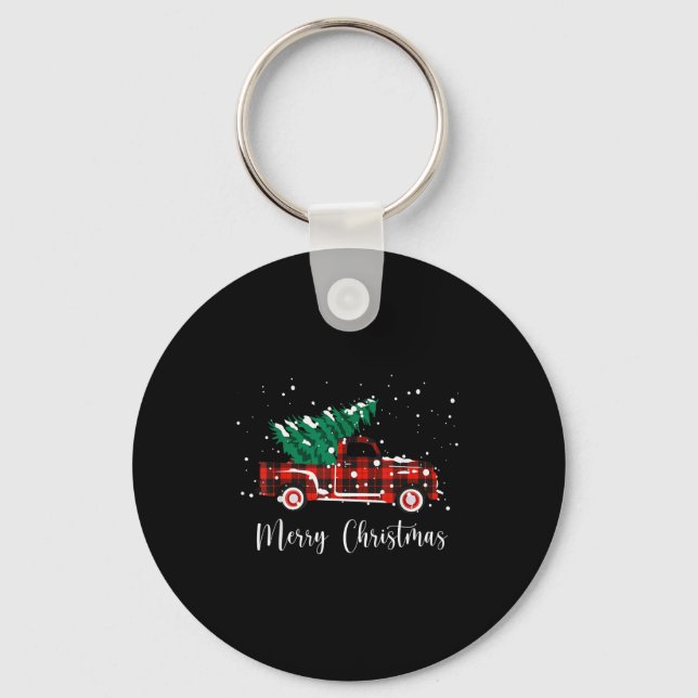 Merry Christmas Buffalo Truck Tree Red Plaid  Key Ring (Front)