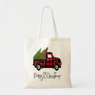 Merry Christmas Buffalo Truck Tree Red Plaid Leopa Tote Bag
