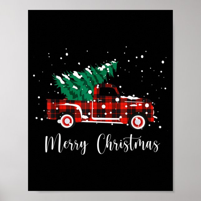 Merry Christmas Buffalo Truck Tree Red Plaid  Poster (Front)