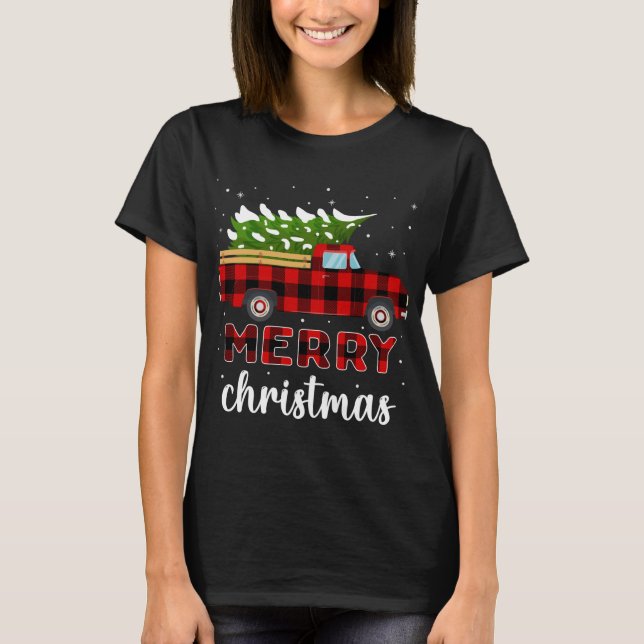 Merry Christmas Buffalo Truck Tree Red Plaid T-Shirt (Front)