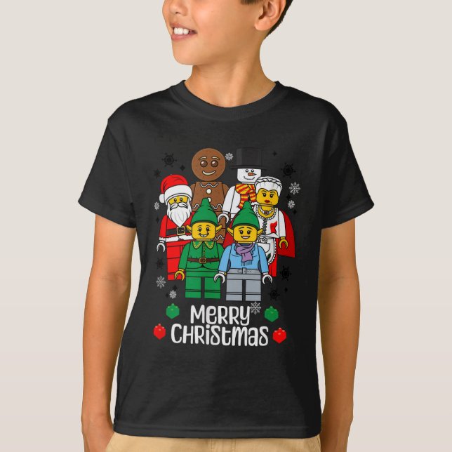 Merry Christmas Building Bricks Santa Elf Snowman  T-Shirt (Front)