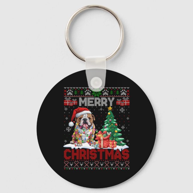 Merry Christmas Bulldog Dog Lovers Family Ugly Xma Key Ring (Front)