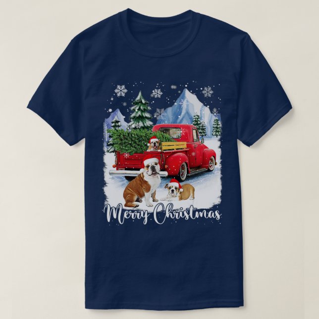 Merry Christmas Bulldog Lover Hat Santa Red Truck  T-Shirt (Design Front)