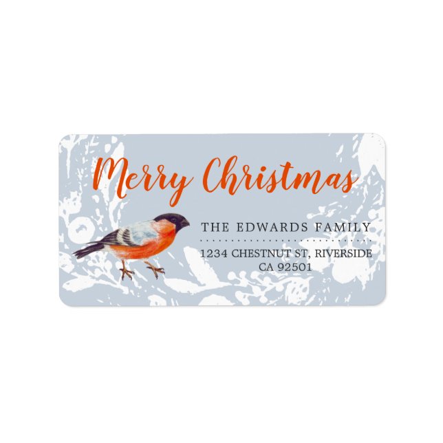 Merry Christmas Bullfinch Bird Snowy Wreath Winter Label (Front)