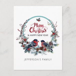Merry Christmas bullfinches-wreath Holiday Postcar