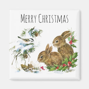 Merry Christmas Bunnies and Bird Enjoy Snow Magnet