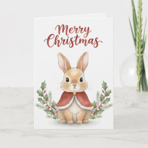 Merry Christmas Bunny Card Cute Rabbit in Red Cape