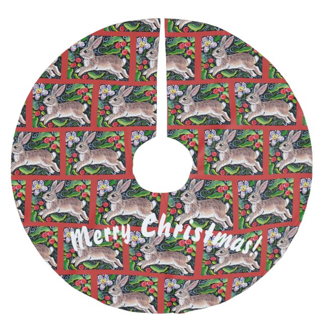 Merry Christmas Bunny Rabbit Floral Tree Skirt (Front)