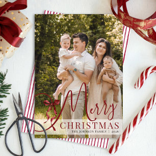 Merry Christmas Burgundy Bow Stripes Simple Photo Holiday Card