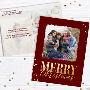 Merry Christmas Burgundy Calligraphy Two Photo Foil Holiday Postcard