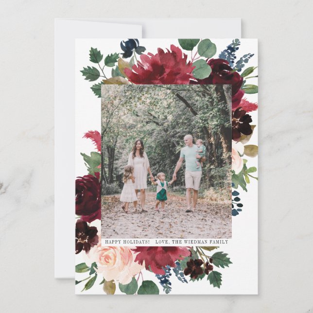 Merry Christmas Burgundy Florals Photo Newsletter Holiday Card (Front)