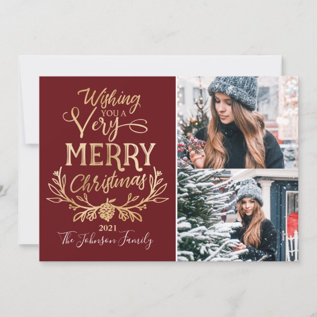 Merry Christmas Burgundy Gold Festive family Photo Holiday Card (Front)