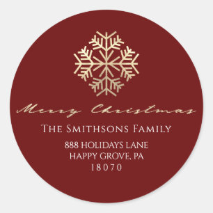 Merry Christmas Burgundy Gold RSVP Snowflakes Classic Round Sticker