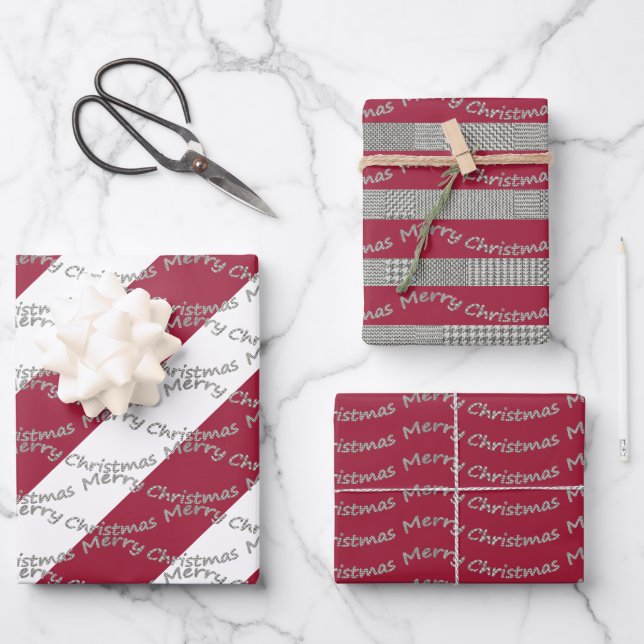 Merry Christmas Burgundy Houndstooth Pattern Wrapping Paper Sheet (Front)