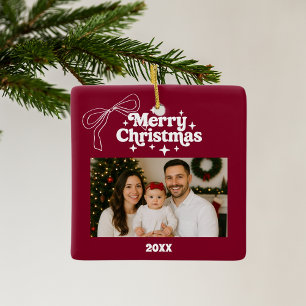 Merry Christmas burgundy photo bow hand-drawn Ceramic Ornament