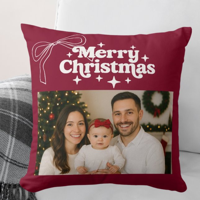 Merry Christmas burgundy photo bow hand-drawn Cushion (Creator Uploaded)