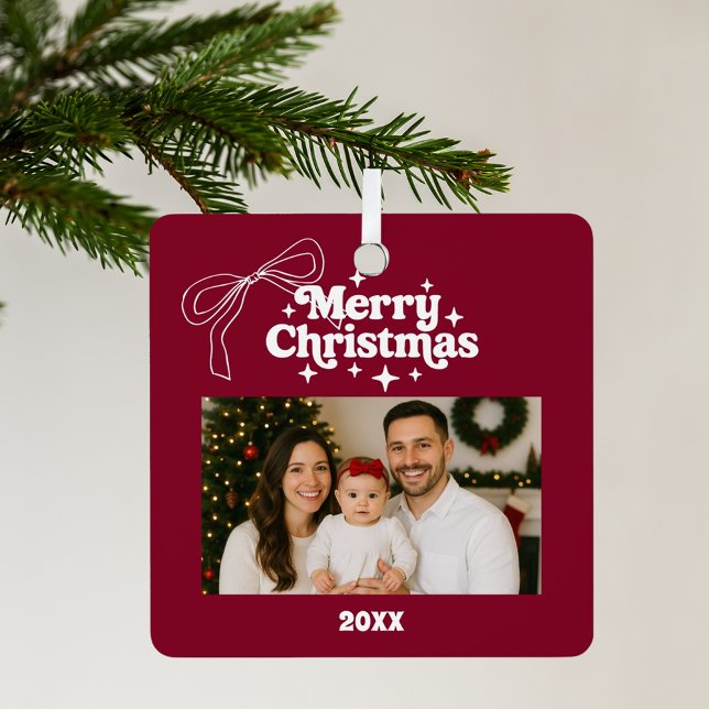 Merry Christmas burgundy photo bow hand-drawn Metal Tree Decoration (Creator Uploaded)