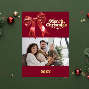 Merry Christmas burgundy red bow retro photo gold Foil Holiday Card