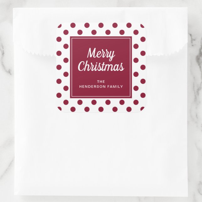 Merry Christmas Burgundy Red Polka Dots Square Sticker (Bag)