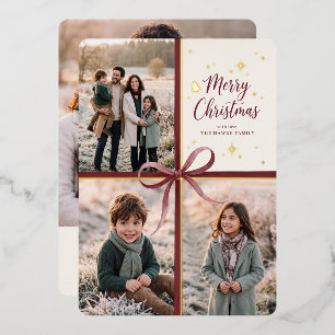 Merry Christmas Burgundy Ribbon Photo Collage Foil Holiday Card