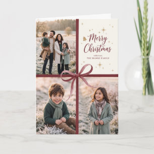 Merry Christmas Burgundy Ribbon Photo Gift Frame Holiday Card